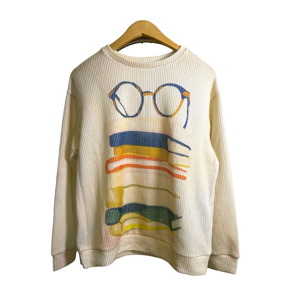 Artsy Graphic Knit Sweater Cream Abstract Glasses Print Cozy Casual Size Medium